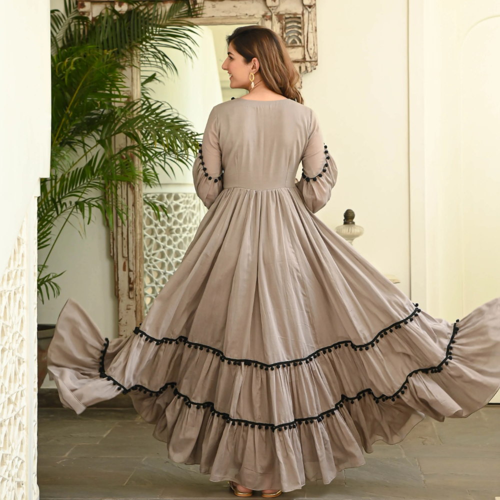 Brown Pompom Dress – Floor Length Rayon Elegance