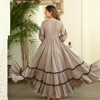 Brown Pompom Dress – Floor Length Rayon Elegance