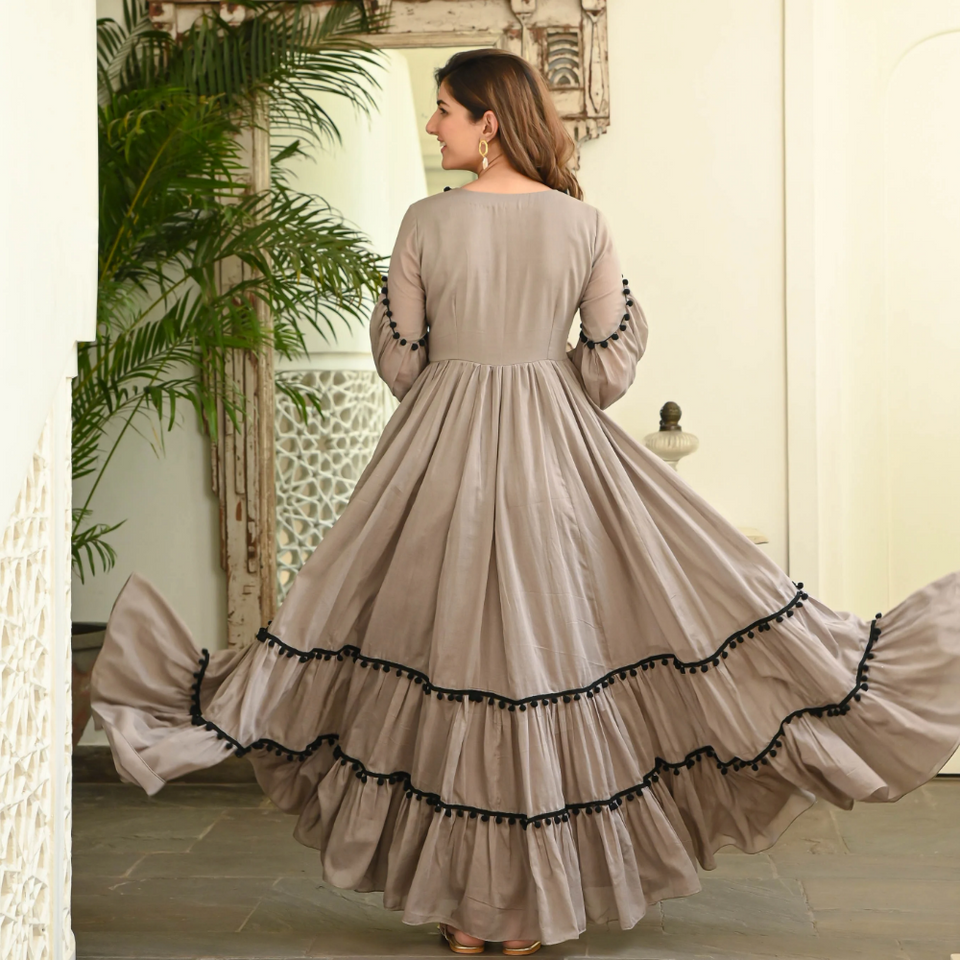 Brown Pompom Dress – Floor Length Rayon Elegance