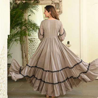 Brown Pompom Dress – Floor Length Rayon Elegance