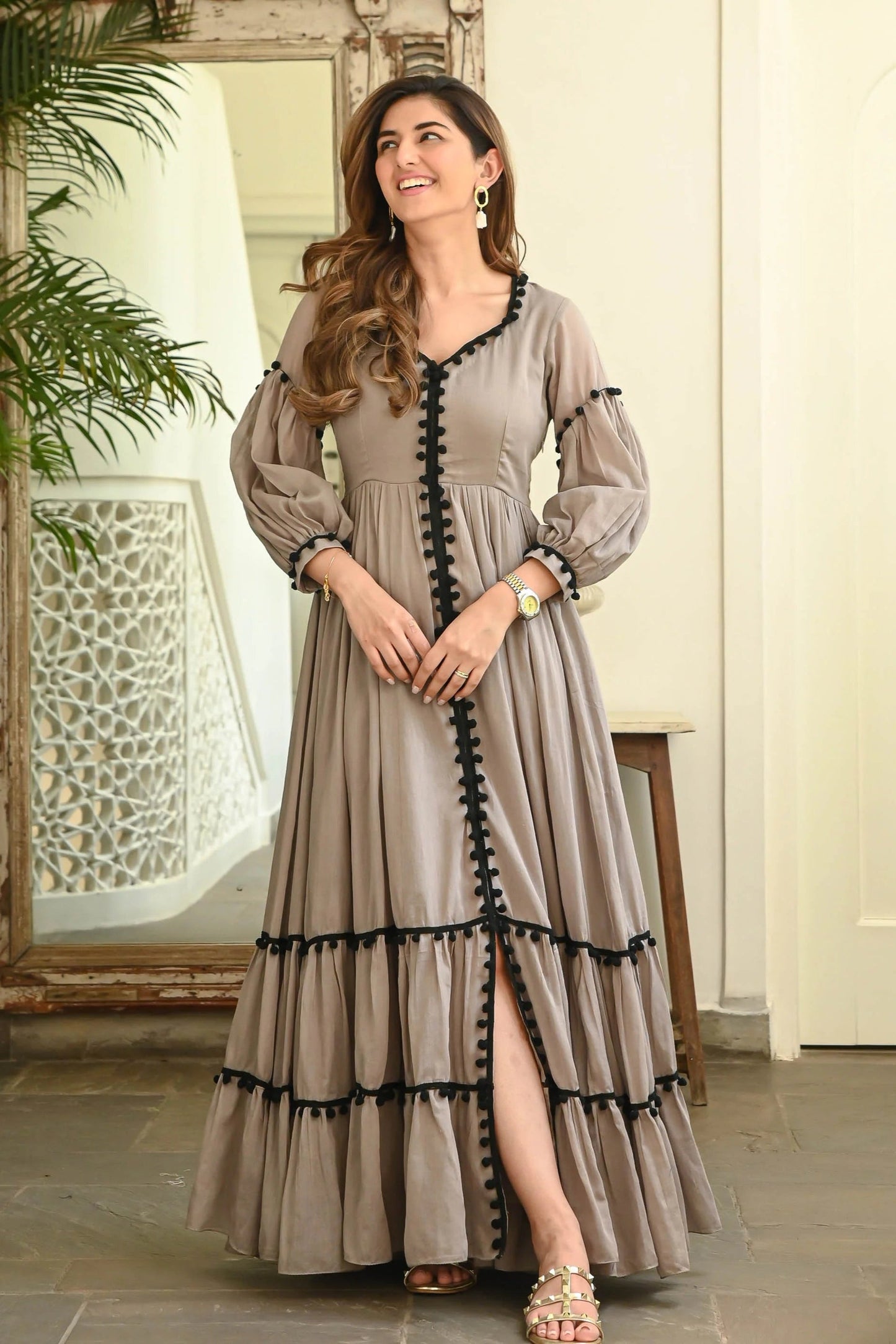 Brown Pompom Dress – Floor Length Rayon Elegance