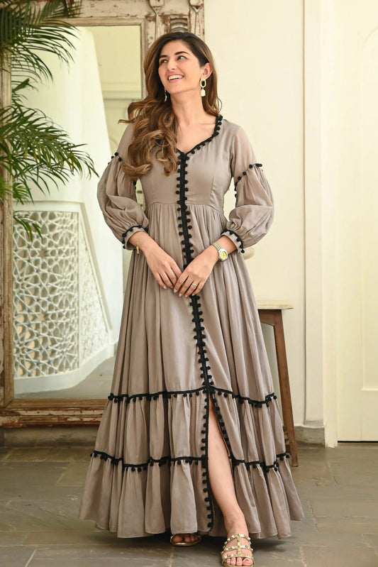 Brown Pompom Dress – Floor Length Rayon Elegance