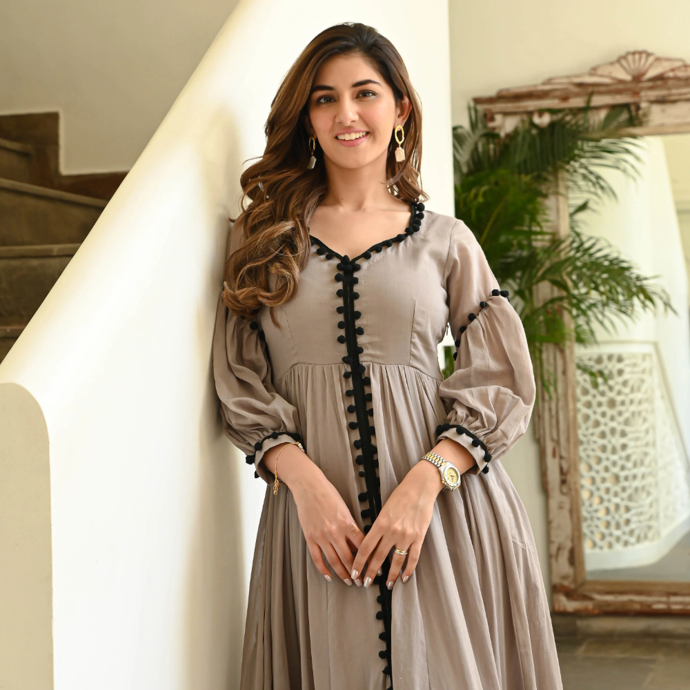 Brown Pompom Dress – Floor Length Rayon Elegance