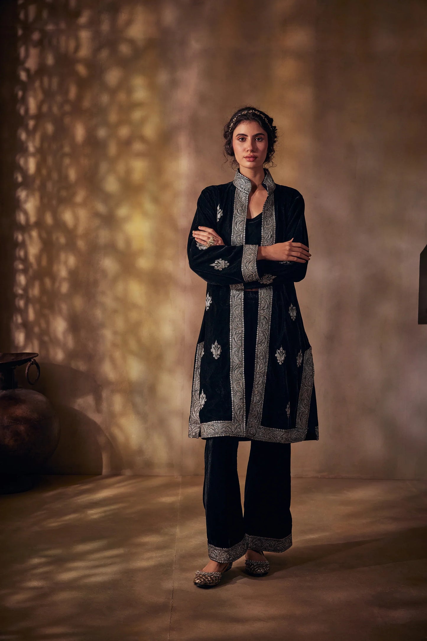 Royal Burgundy Silk Velvet Tilla Dhoti Set