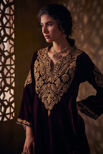 Royal Burgundy Silk Velvet Tilla Set with Dupatta – Koshur India