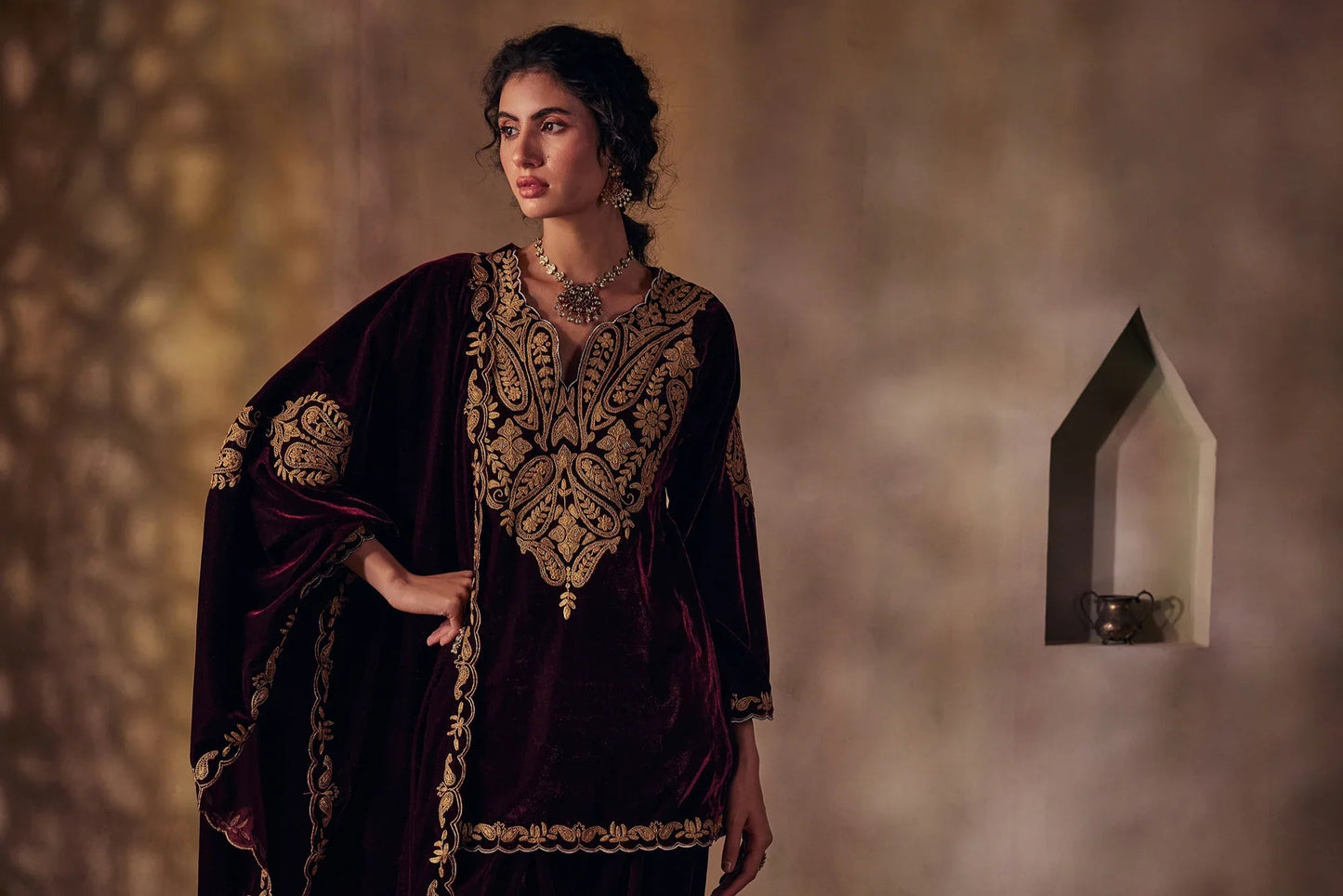 Royal Burgundy Silk Velvet Tilla Set with Dupatta – Koshur India