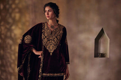 Royal Burgundy Silk Velvet Tilla Set with Dupatta – Koshur India