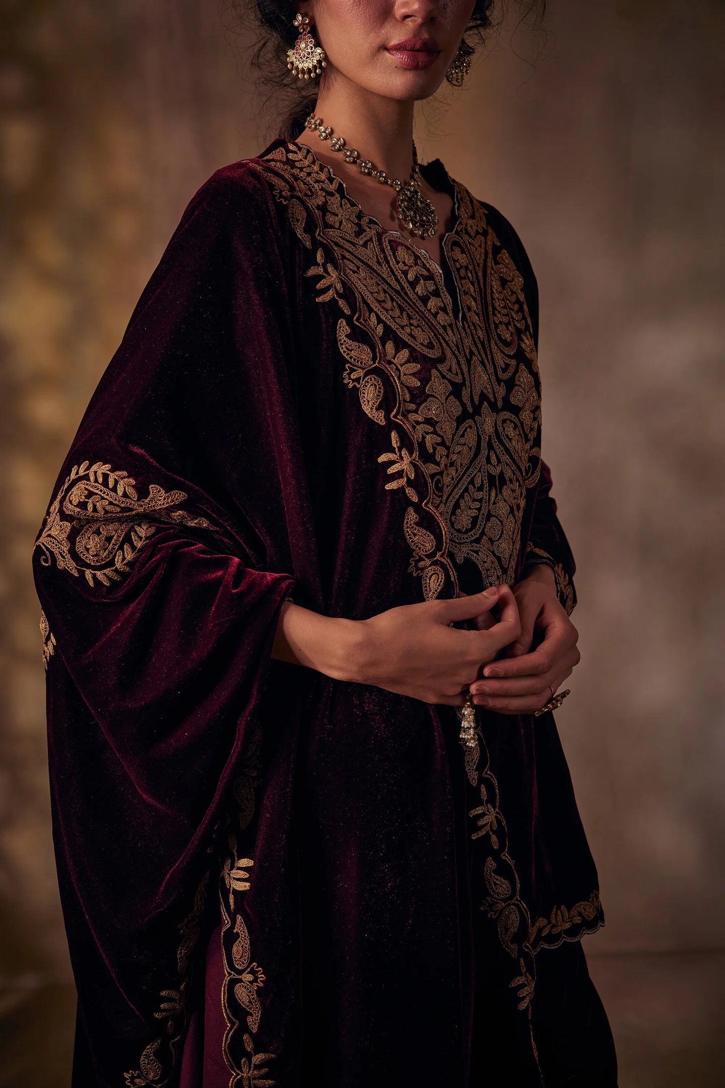 Royal Burgundy Silk Velvet Tilla Set with Dupatta – Koshur India