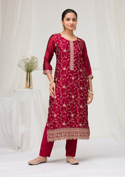 Maroon Threadwork Raw Silk Designer Salwar Suit