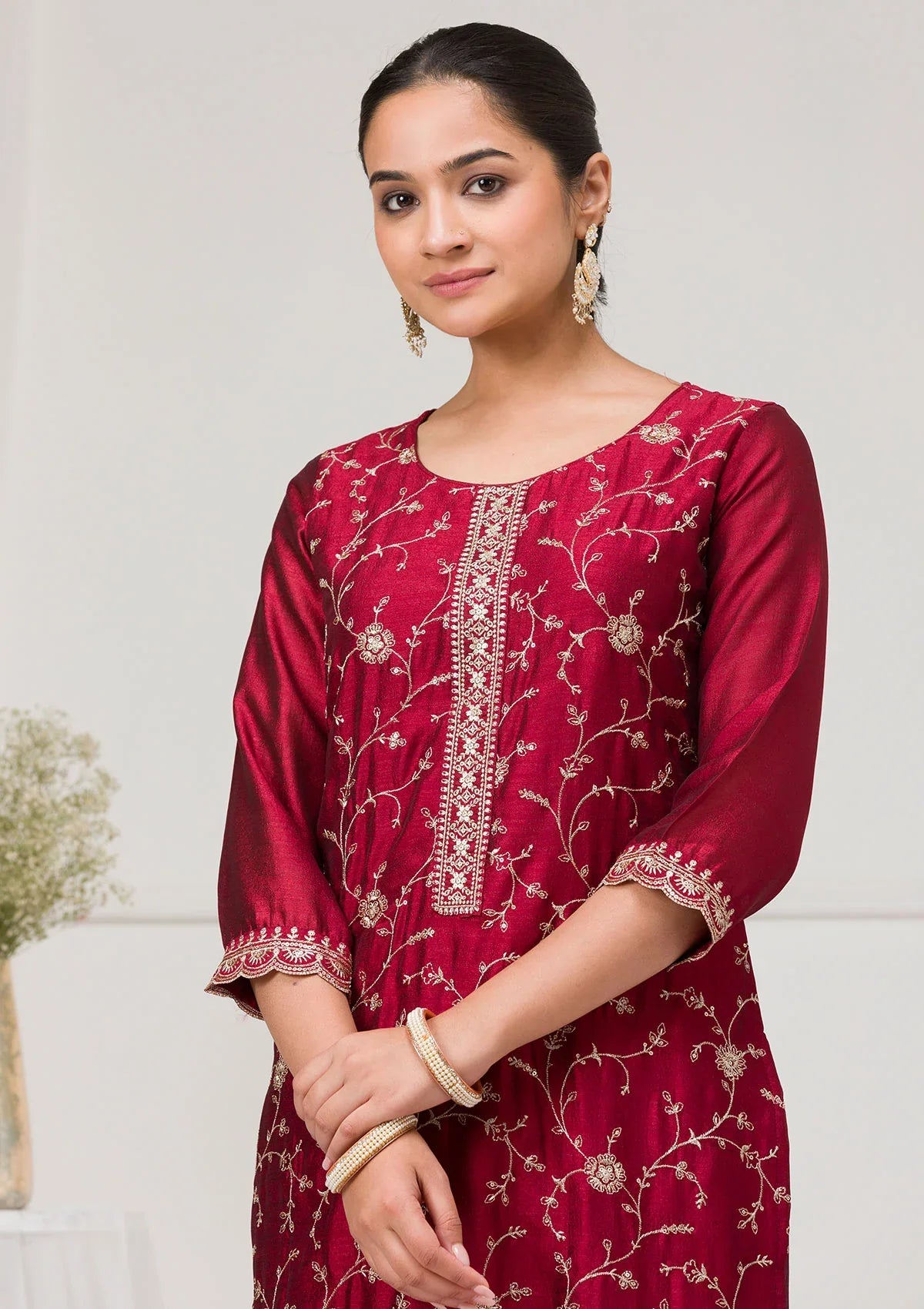 Maroon Threadwork Raw Silk Designer Salwar Suit