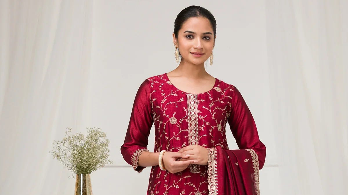Maroon Threadwork Raw Silk Designer Salwar Suit