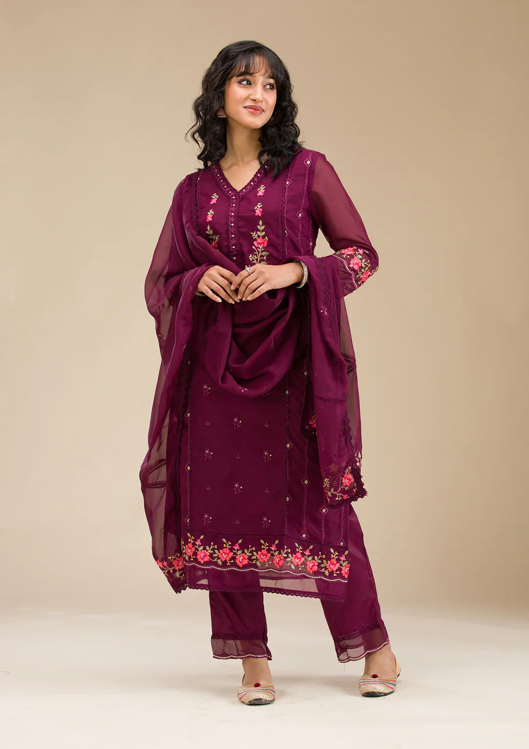 Purple Threadwork Raw Silk Designer Salwar Suit