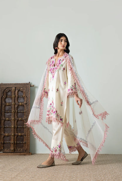 Cream Shades of Pink Cotton Aari Embroidery Kurta Set