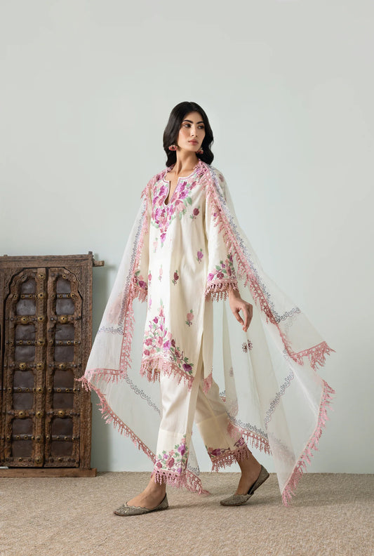 Cream Shades of Pink Cotton Aari Embroidery Kurta Set