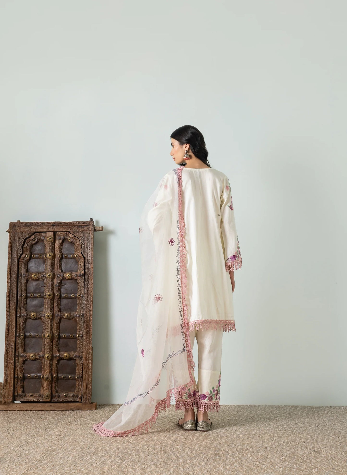 Cream Shades of Pink Cotton Aari Embroidery Kurta Set