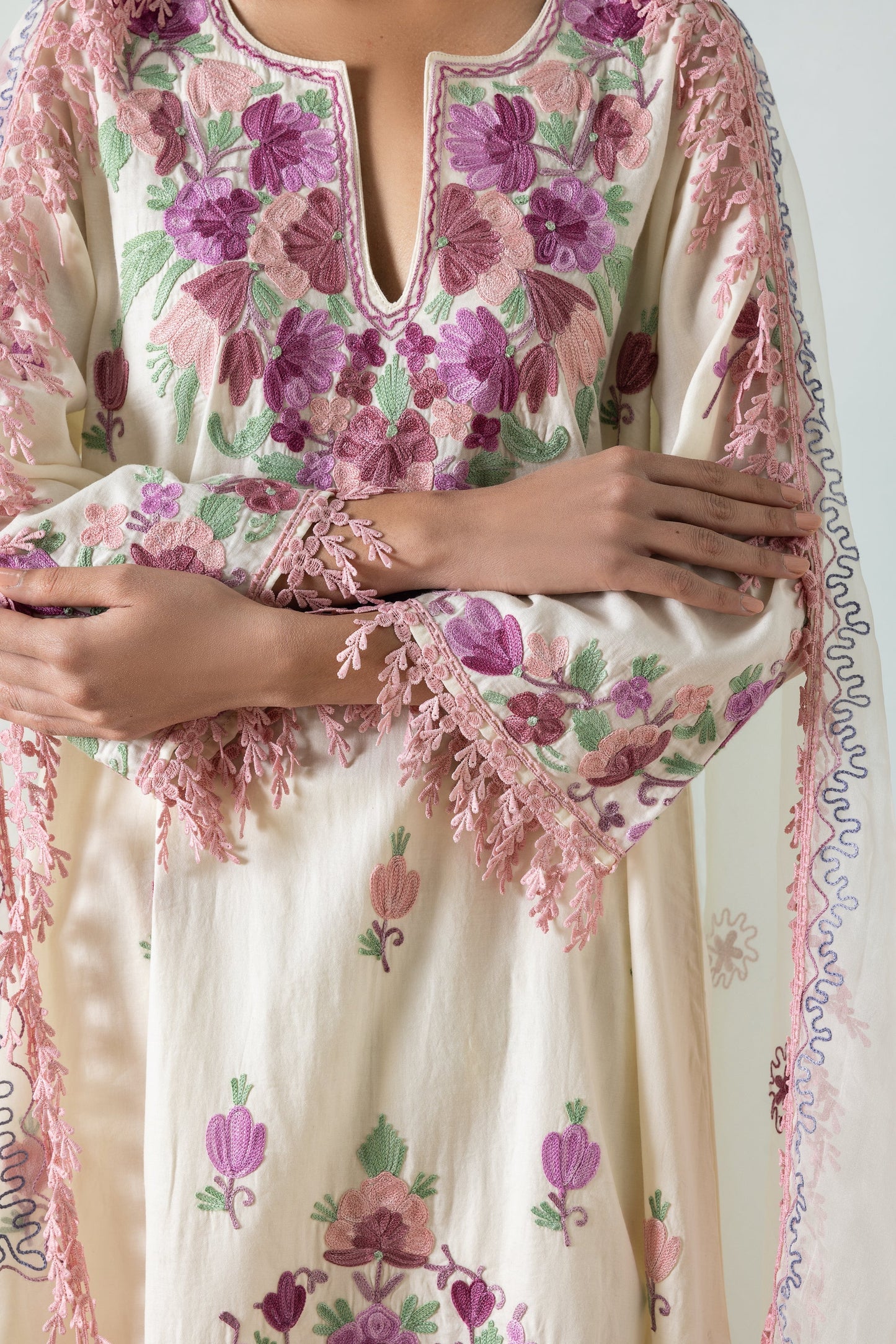 Cream Shades of Pink Cotton Aari Embroidery Kurta Set