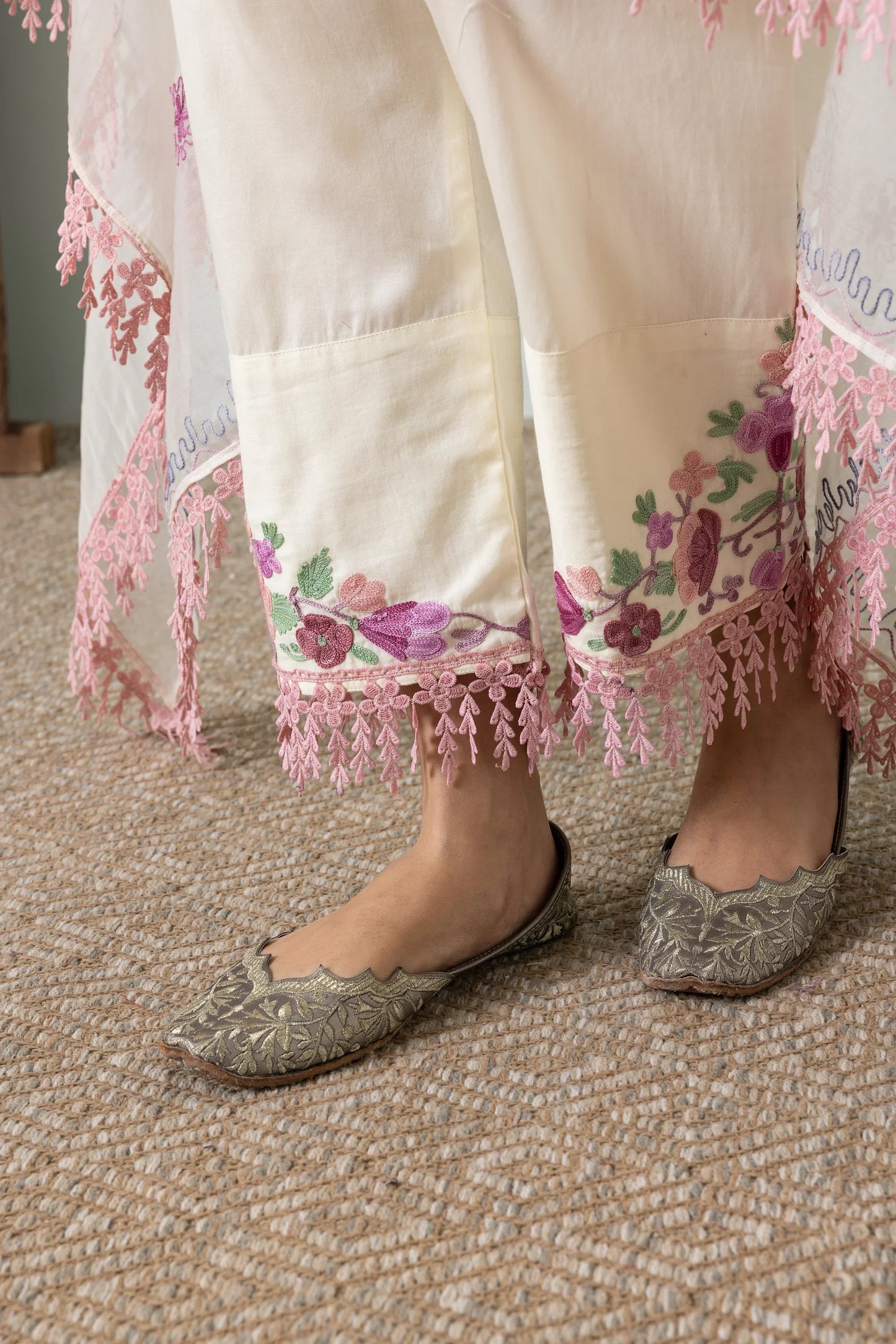 Cream Shades of Pink Cotton Aari Embroidery Kurta Set