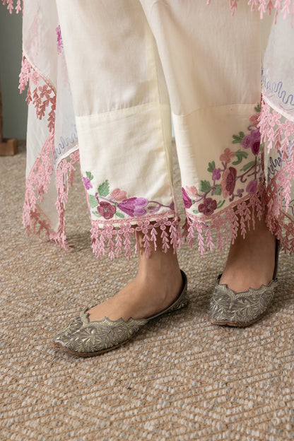 Cream Shades of Pink Cotton Aari Embroidery Kurta Set